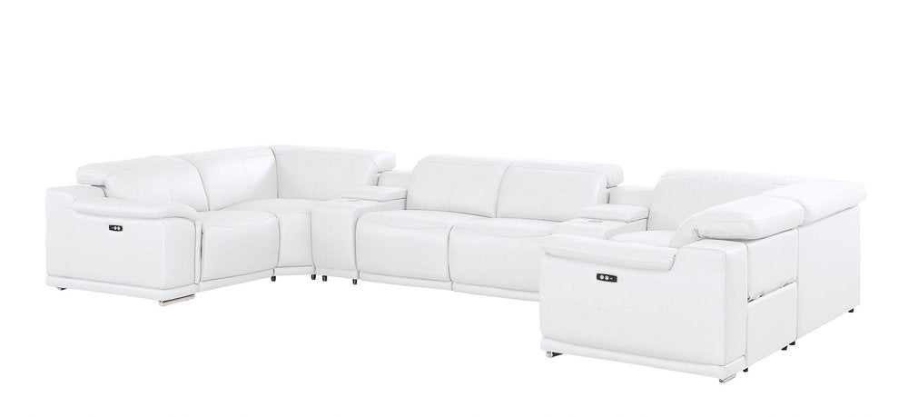 White Leather Power Reclining U Shaped Eight Piece Corner Sectional With Console on a white background