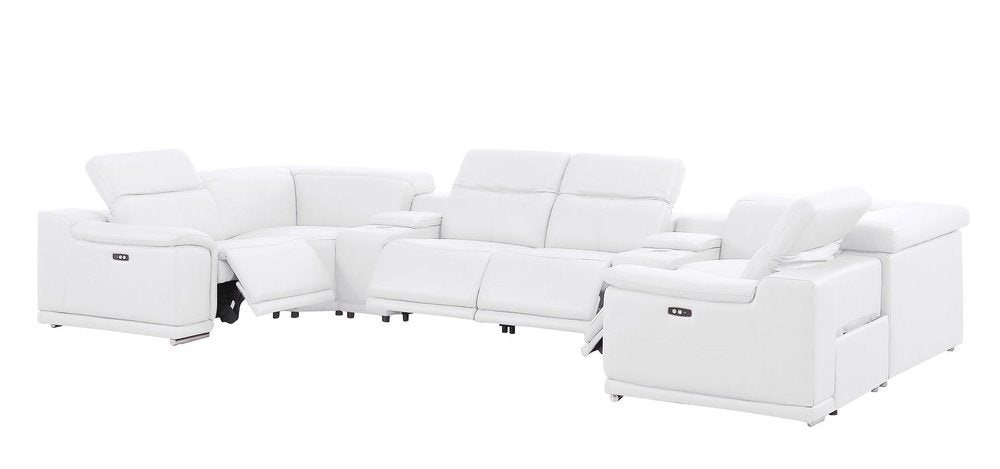 White Leather Power Reclining U Shaped Eight Piece Corner Sectional With Console on a white background
