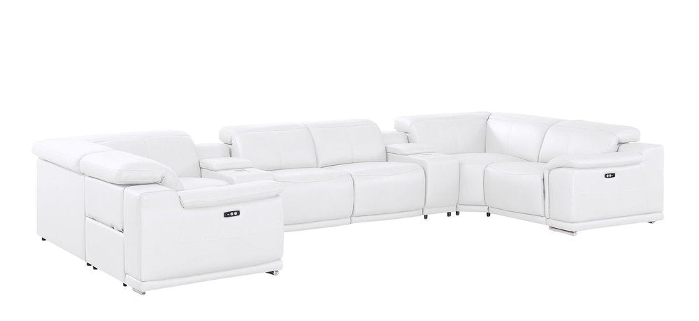 White Leather Power Reclining U Shaped Eight Piece Corner Sectional With Console on a white background