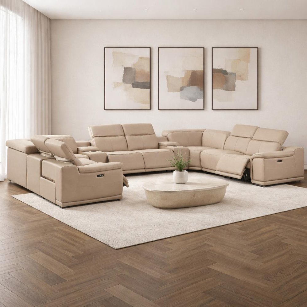 Beige Leather Power Reclining U Shaped Ten Piece Corner Sectional With Console