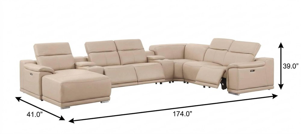 Beige Leather Power Reclining U Shaped Ten Piece Corner Sectional With Console