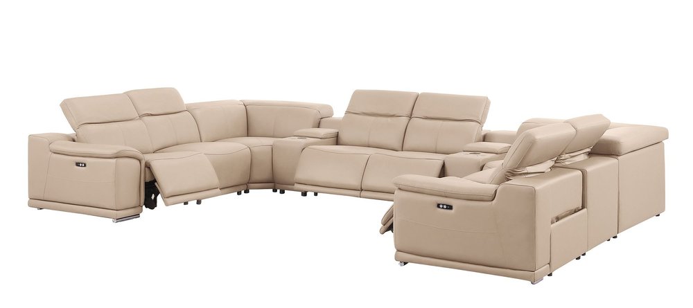 Beige Leather Power Reclining U Shaped Ten Piece Corner Sectional With Console