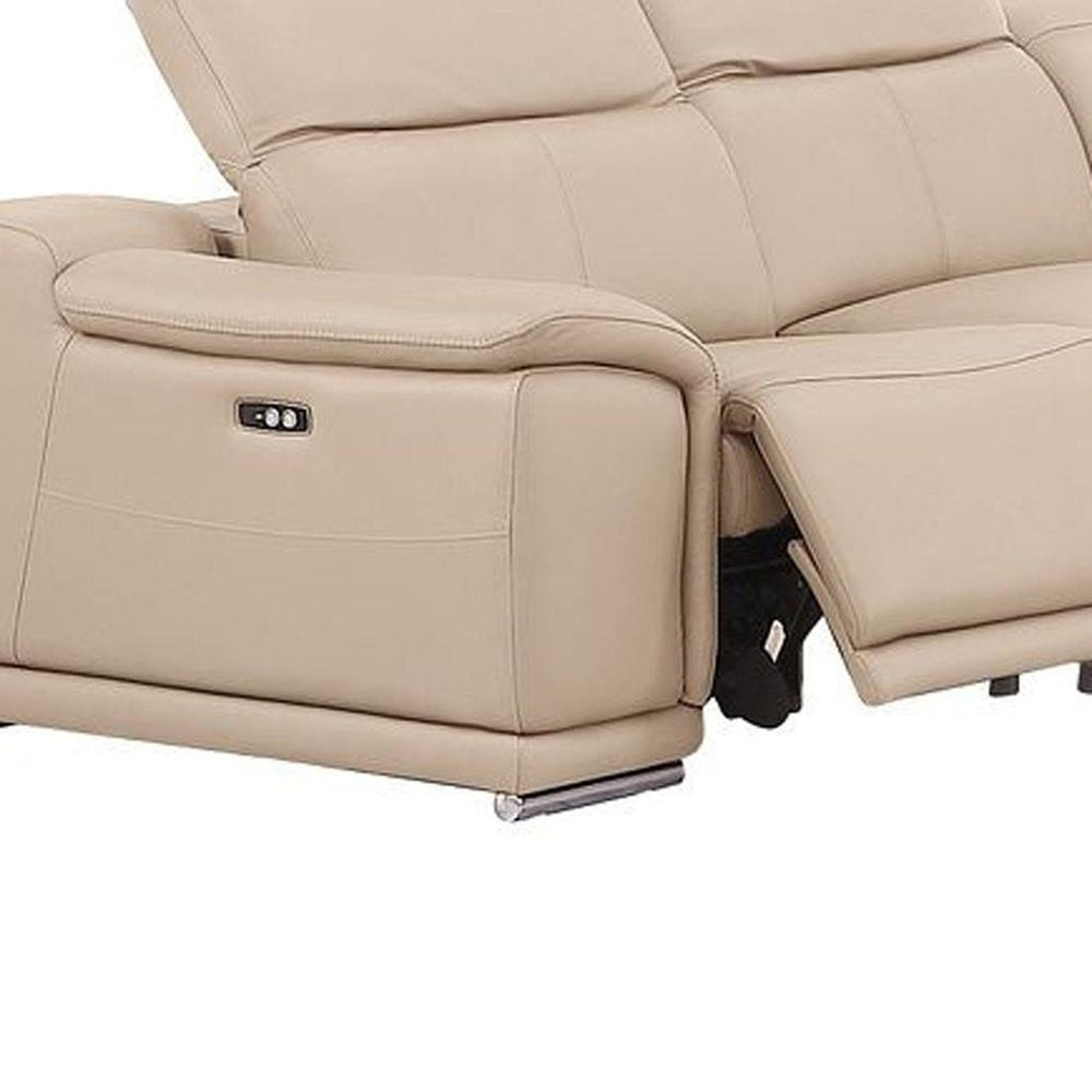 Beige Leather Power Reclining U Shaped Ten Piece Corner Sectional With Console