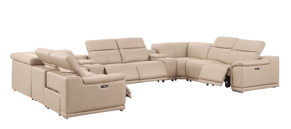 Beige Leather Power Reclining U Shaped Ten Piece Corner Sectional With Console