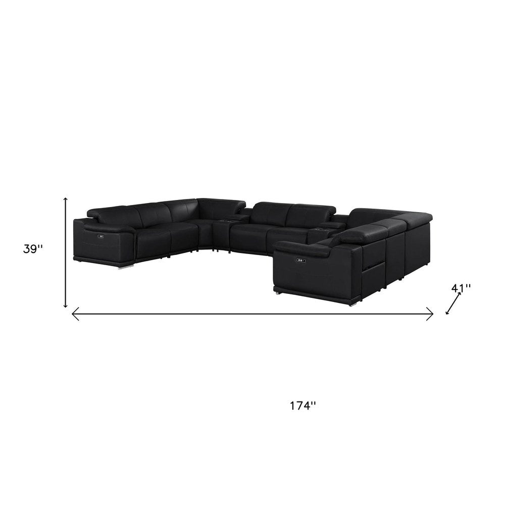 Black Leather Power Reclining U Shaped Ten Piece Corner Sectional With Console