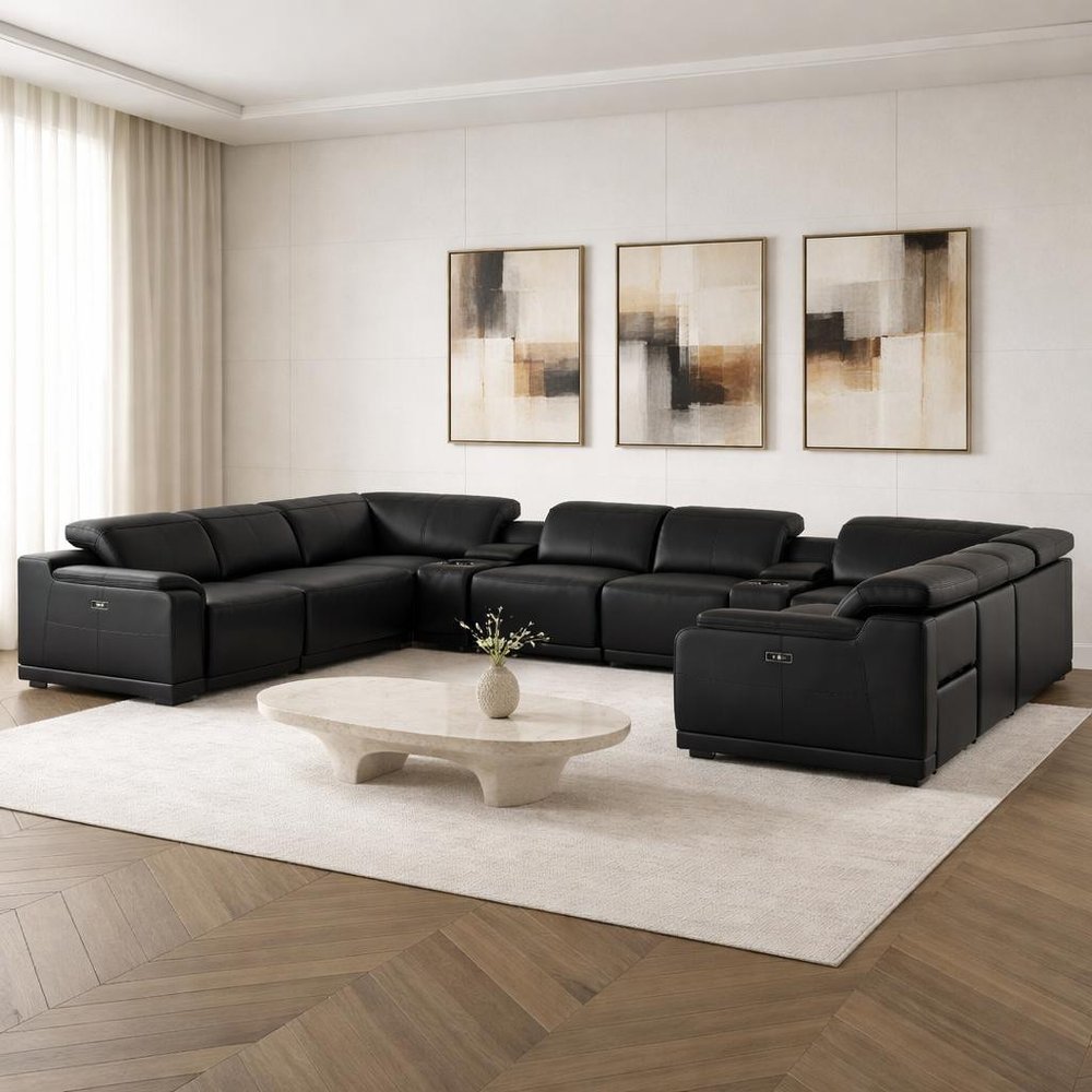 Black Leather Power Reclining U Shaped Ten Piece Corner Sectional With Console