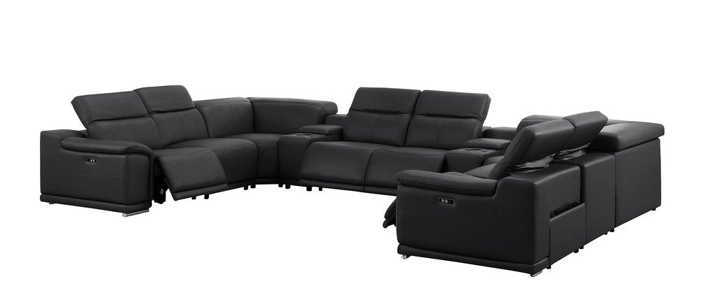 Black Leather Power Reclining U Shaped Ten Piece Corner Sectional With Console