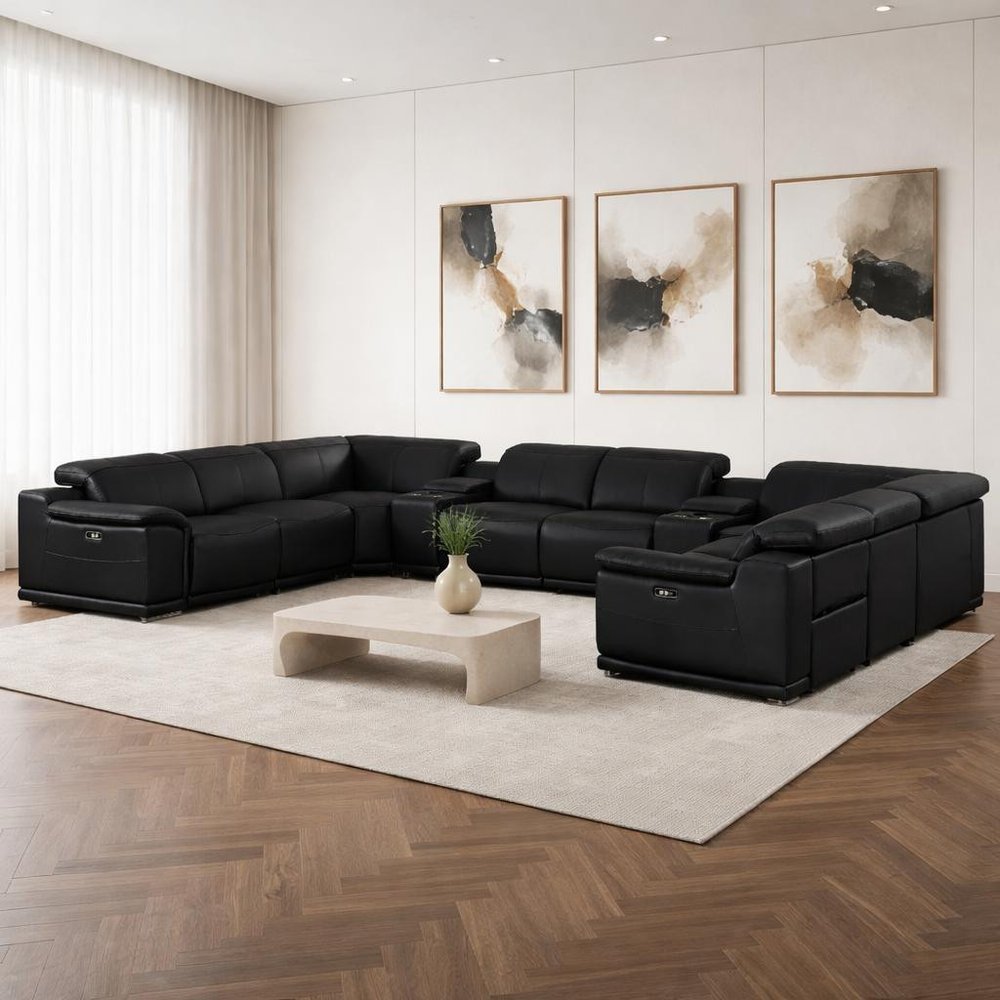 Battleship Gray Leather Power Reclining U Shaped Ten Piece Corner Sectional With Console
