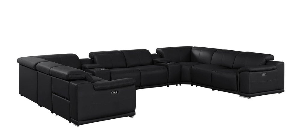 Battleship Gray Leather Power Reclining U Shaped Ten Piece Corner Sectional With Console