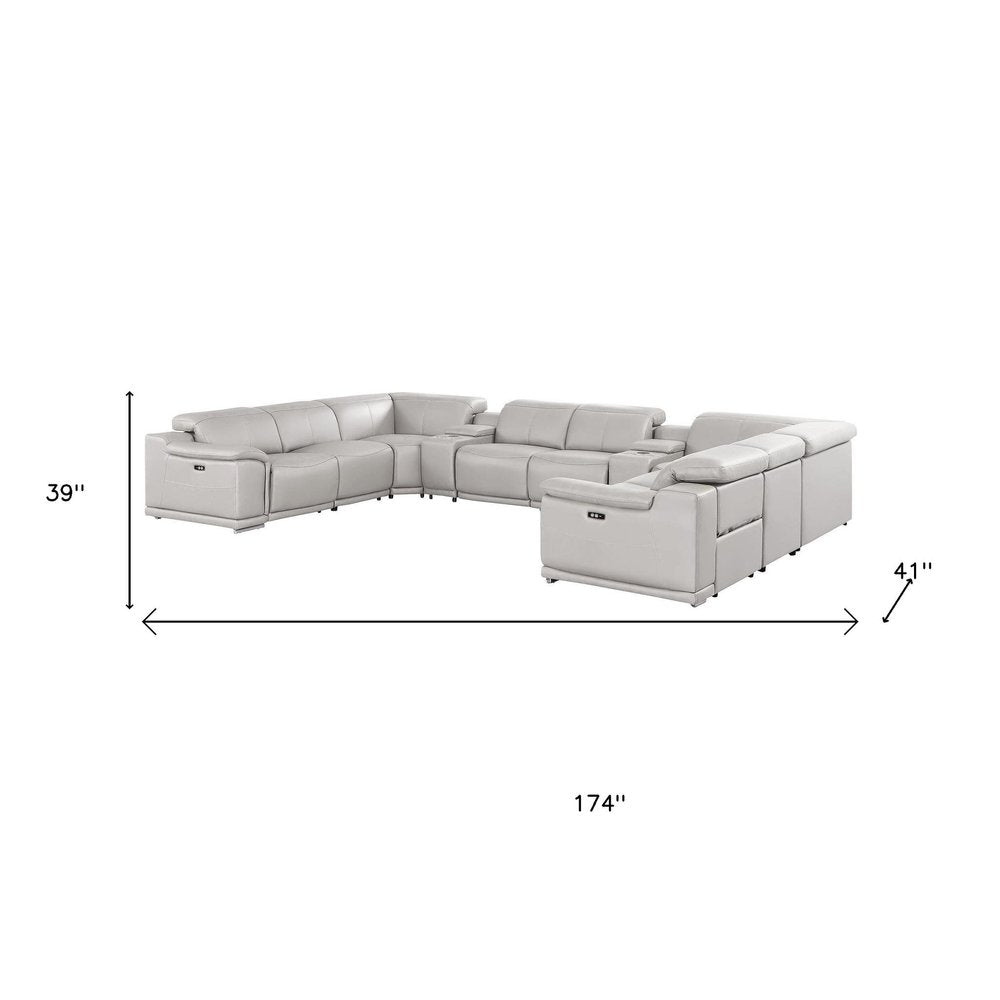 Ash Gray Leather Power Reclining U Shaped Ten Piece Corner Sectional With Console