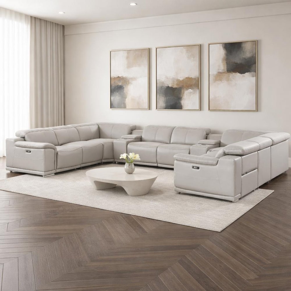 Ash Gray Leather Power Reclining U Shaped Ten Piece Corner Sectional With Console