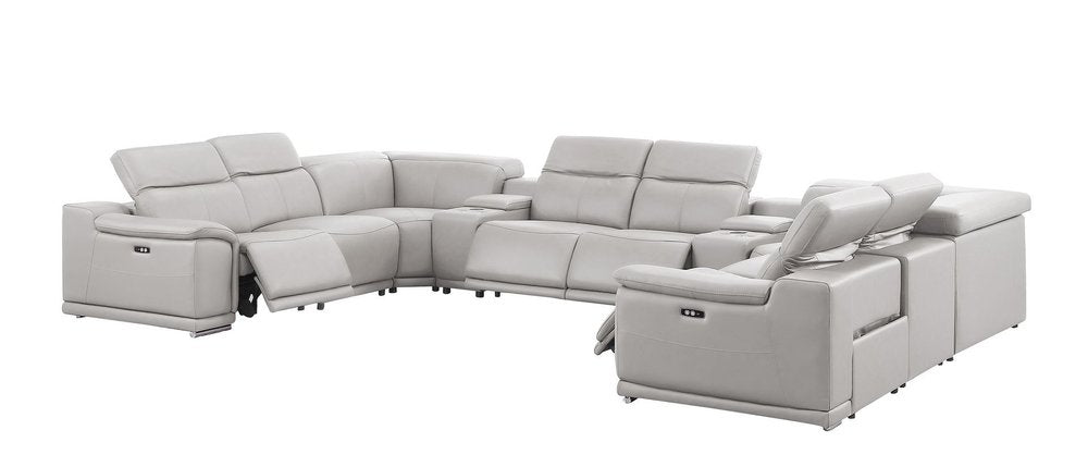 Ash Gray Leather Power Reclining U Shaped Ten Piece Corner Sectional With Console