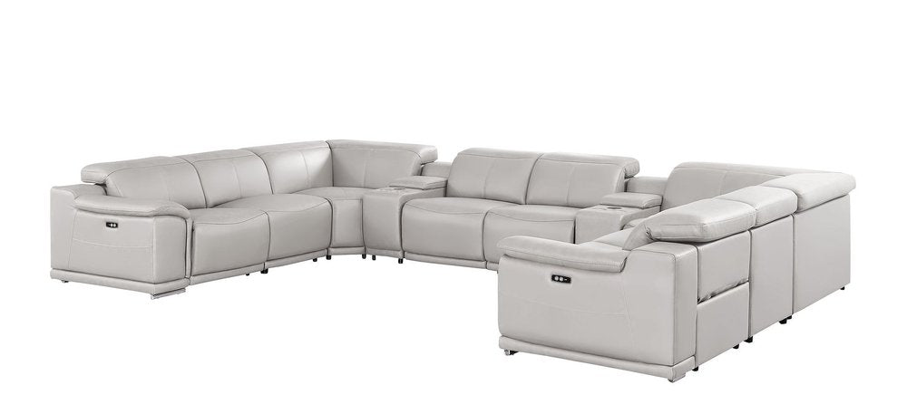 Ash Gray Leather Power Reclining U Shaped Ten Piece Corner Sectional With Console