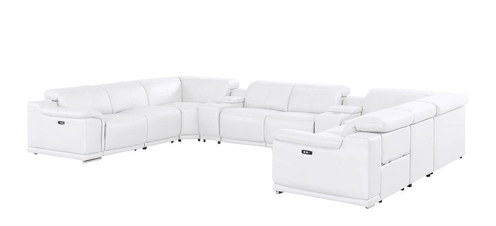 White Leather Power Reclining U Shaped Ten Piece Corner Sectional With Console on a white background