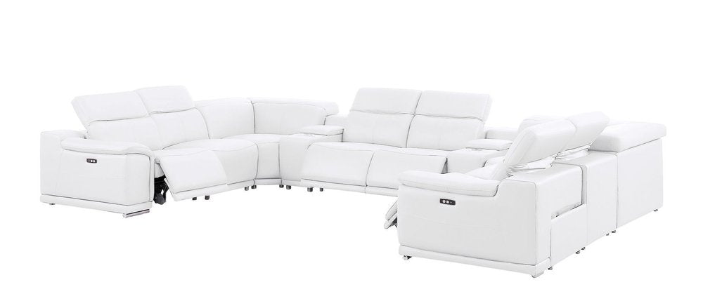 White Leather Power Reclining U Shaped Ten Piece Corner Sectional With Console on a white background