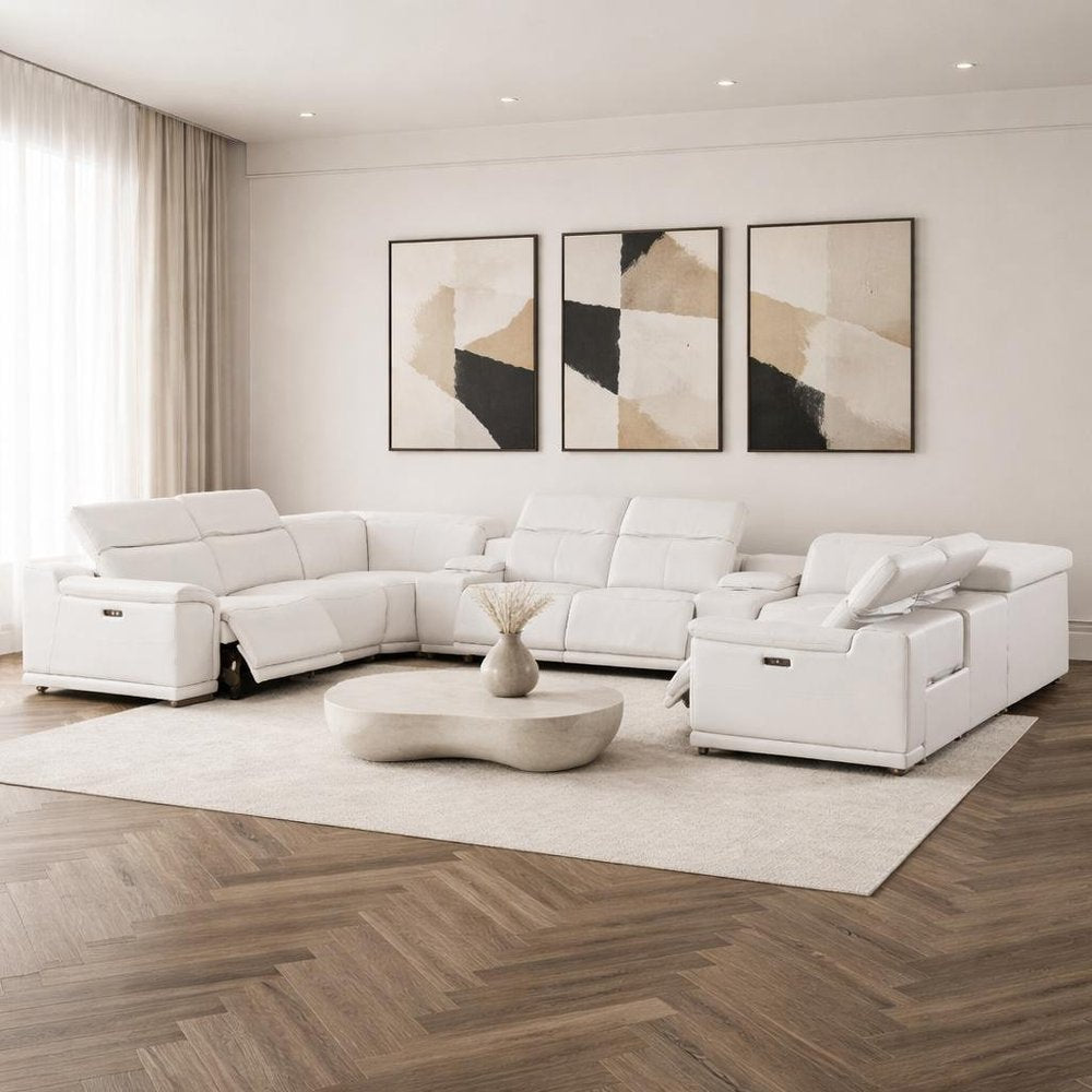 White Leather Power Reclining U Shaped Ten Piece Corner Sectional With Console close-up detail
