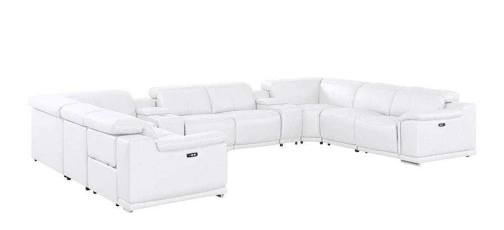 White Leather Power Reclining U Shaped Ten Piece Corner Sectional With Console on a white background