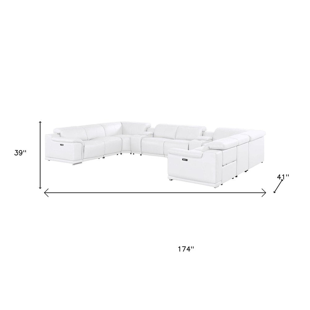 White Leather Power Reclining U Shaped Ten Piece Corner Sectional With Console on a white background