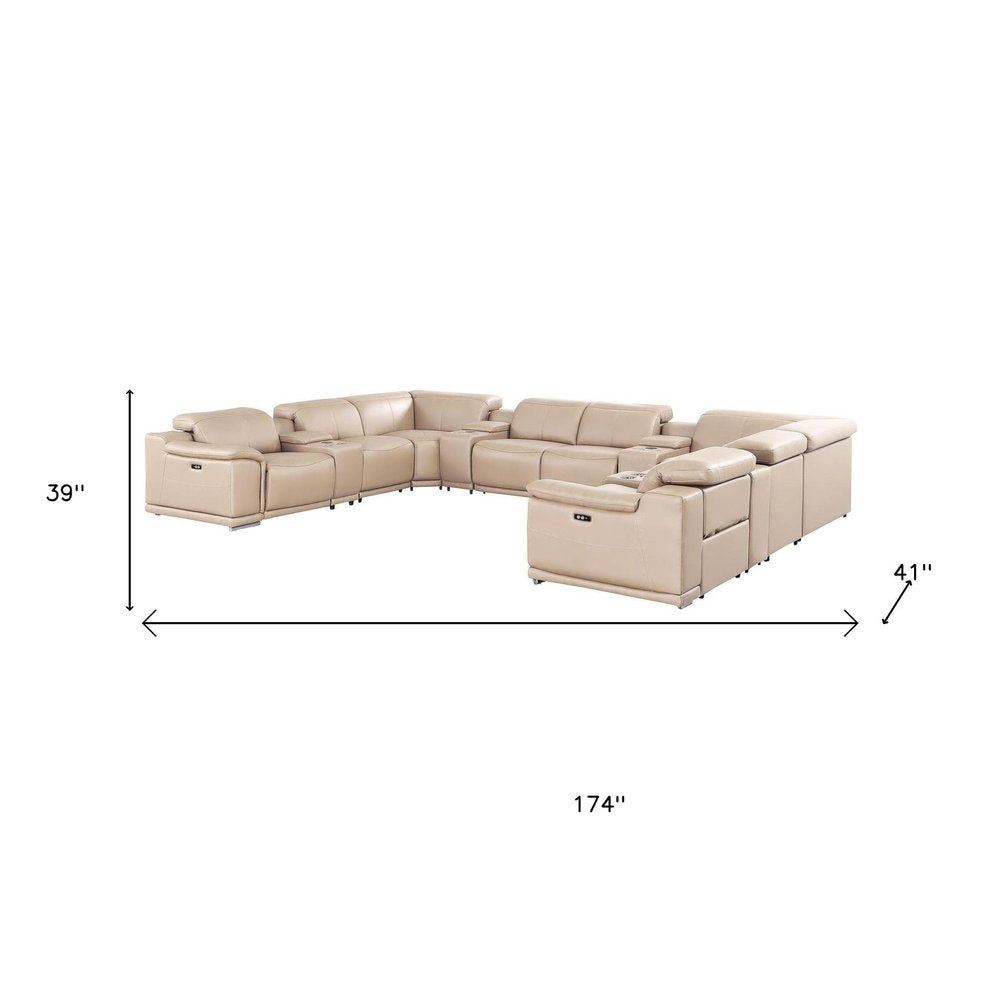 Beige Leather Power Reclining U Shaped Twelve Piece Corner Sectional With Console