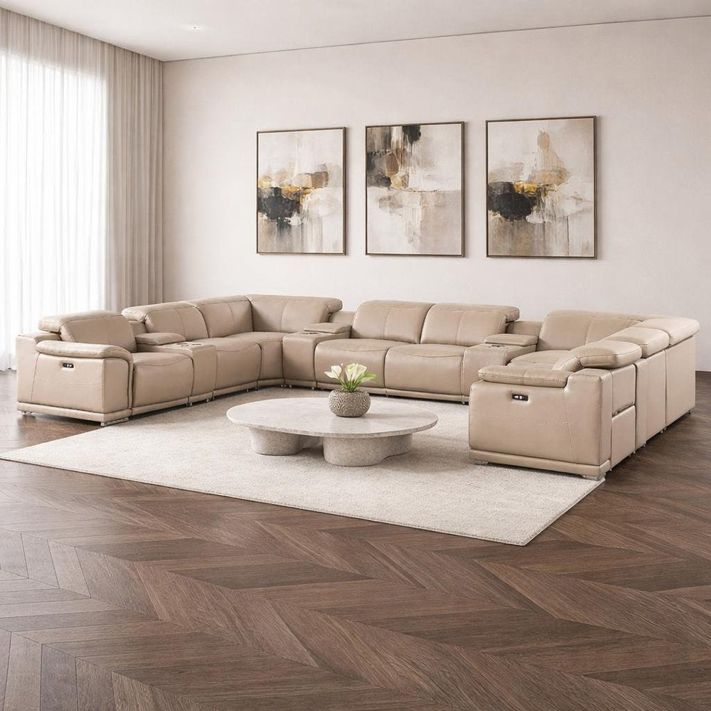 Beige Leather Power Reclining U Shaped Twelve Piece Corner Sectional With Console