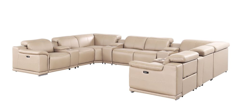 Beige Leather Power Reclining U Shaped Twelve Piece Corner Sectional With Console