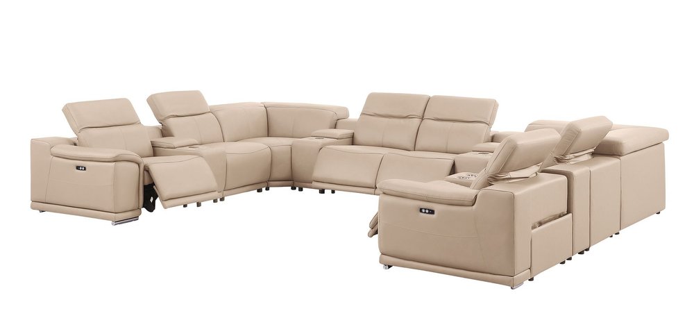 Beige Leather Power Reclining U Shaped Twelve Piece Corner Sectional With Console