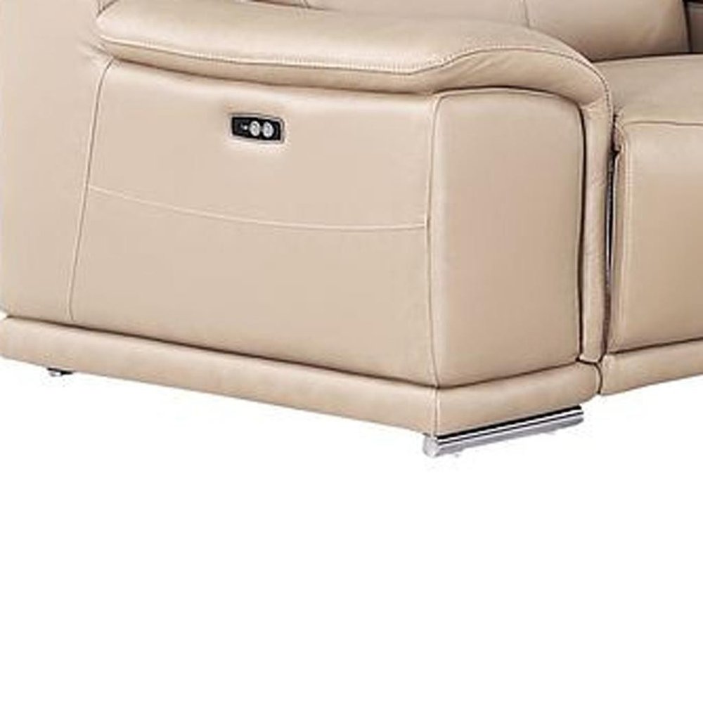 Beige Leather Power Reclining U Shaped Twelve Piece Corner Sectional With Console