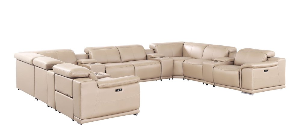 Beige Leather Power Reclining U Shaped Twelve Piece Corner Sectional With Console