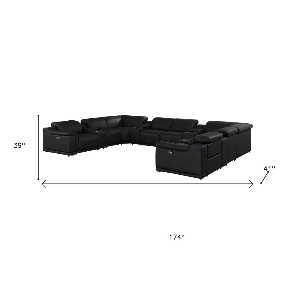 Black Leather Power Reclining U Shaped Twelve Piece Corner Sectional With Console