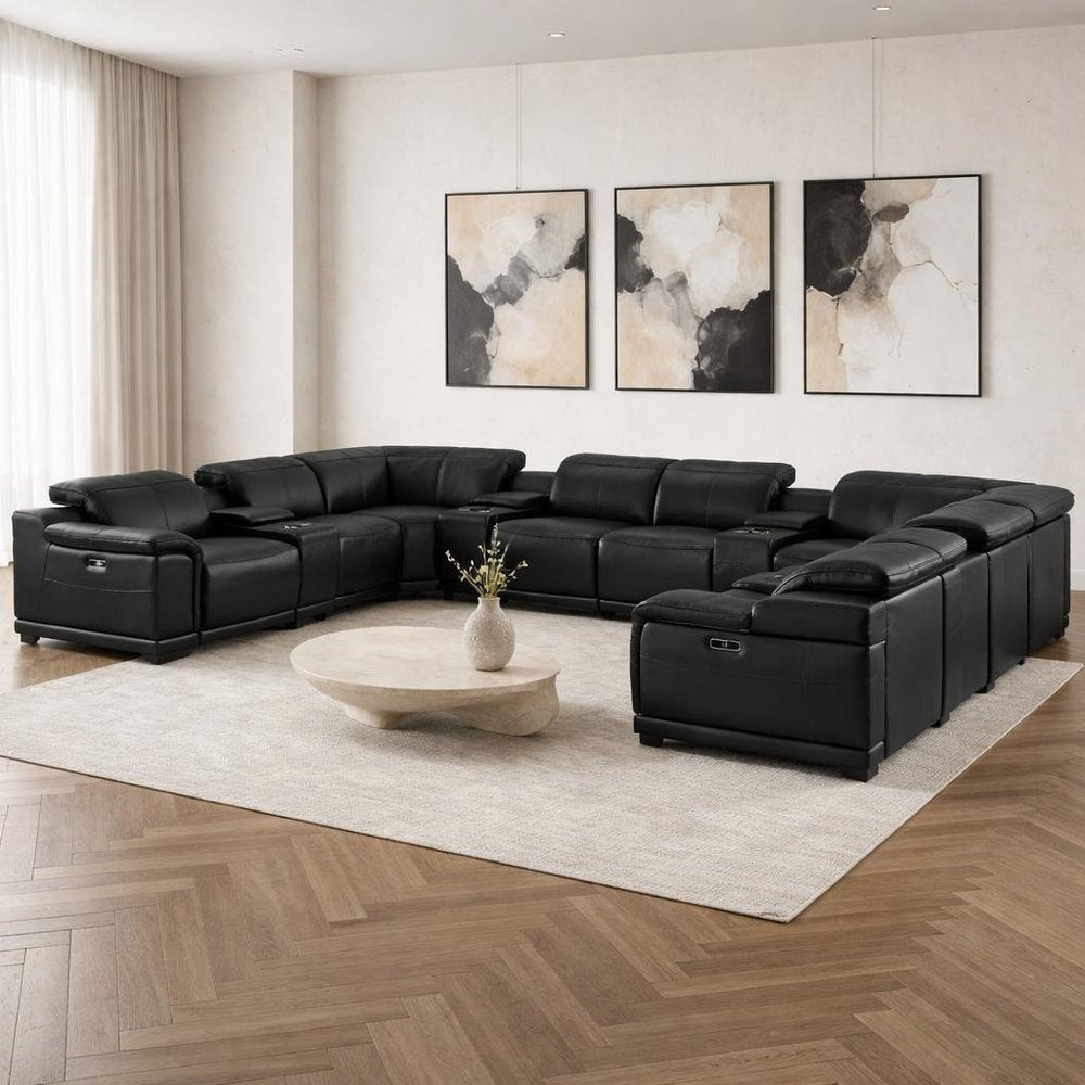Black Leather Power Reclining U Shaped Twelve Piece Corner Sectional With Console