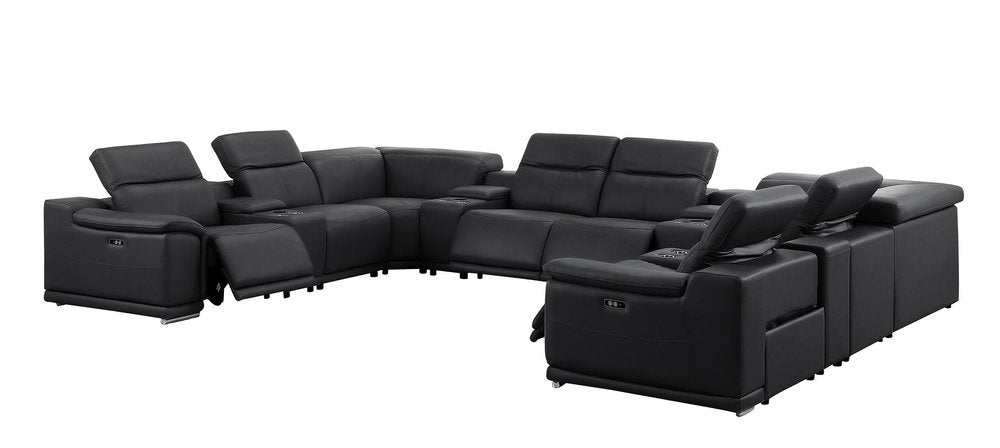 Black Leather Power Reclining U Shaped Twelve Piece Corner Sectional With Console