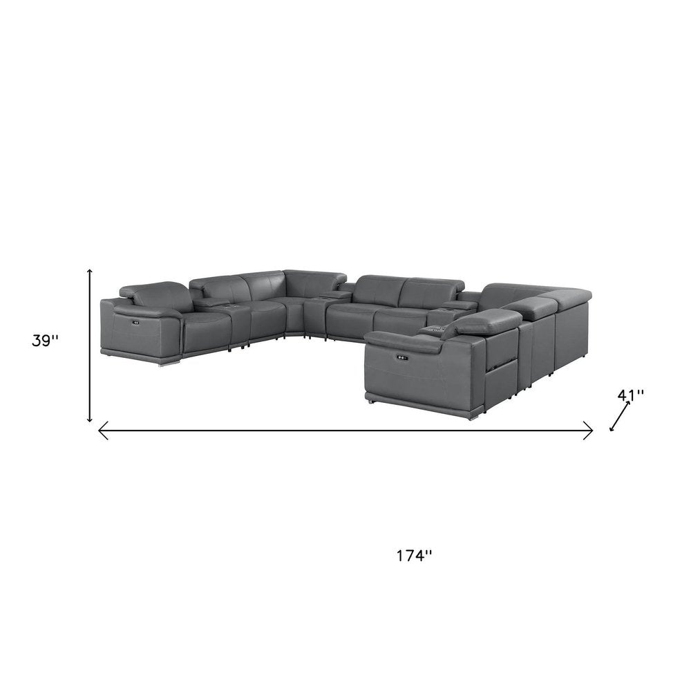 Battleship Gray Leather Power Reclining U Shaped Twelve Piece Corner Sectional With Console