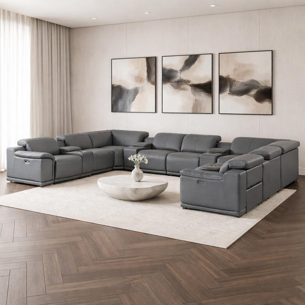 Battleship Gray Leather Power Reclining U Shaped Twelve Piece Corner Sectional With Console