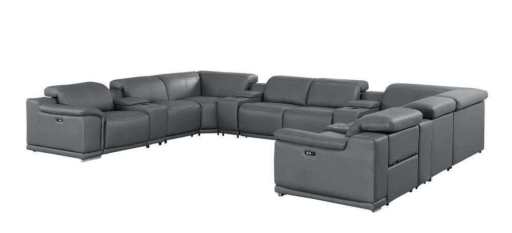 Battleship Gray Leather Power Reclining U Shaped Twelve Piece Corner Sectional With Console