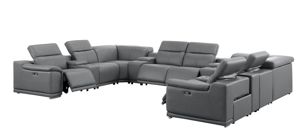 Battleship Gray Leather Power Reclining U Shaped Twelve Piece Corner Sectional With Console