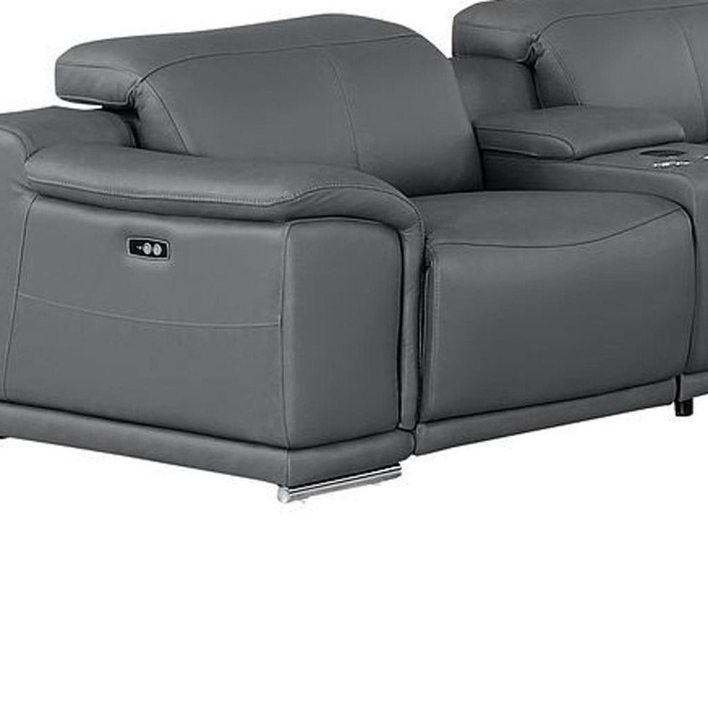 Battleship Gray Leather Power Reclining U Shaped Twelve Piece Corner Sectional With Console