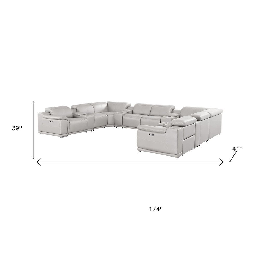 Ash Gray Leather Power Reclining U Shaped Twelve Piece Corner Sectional With Console