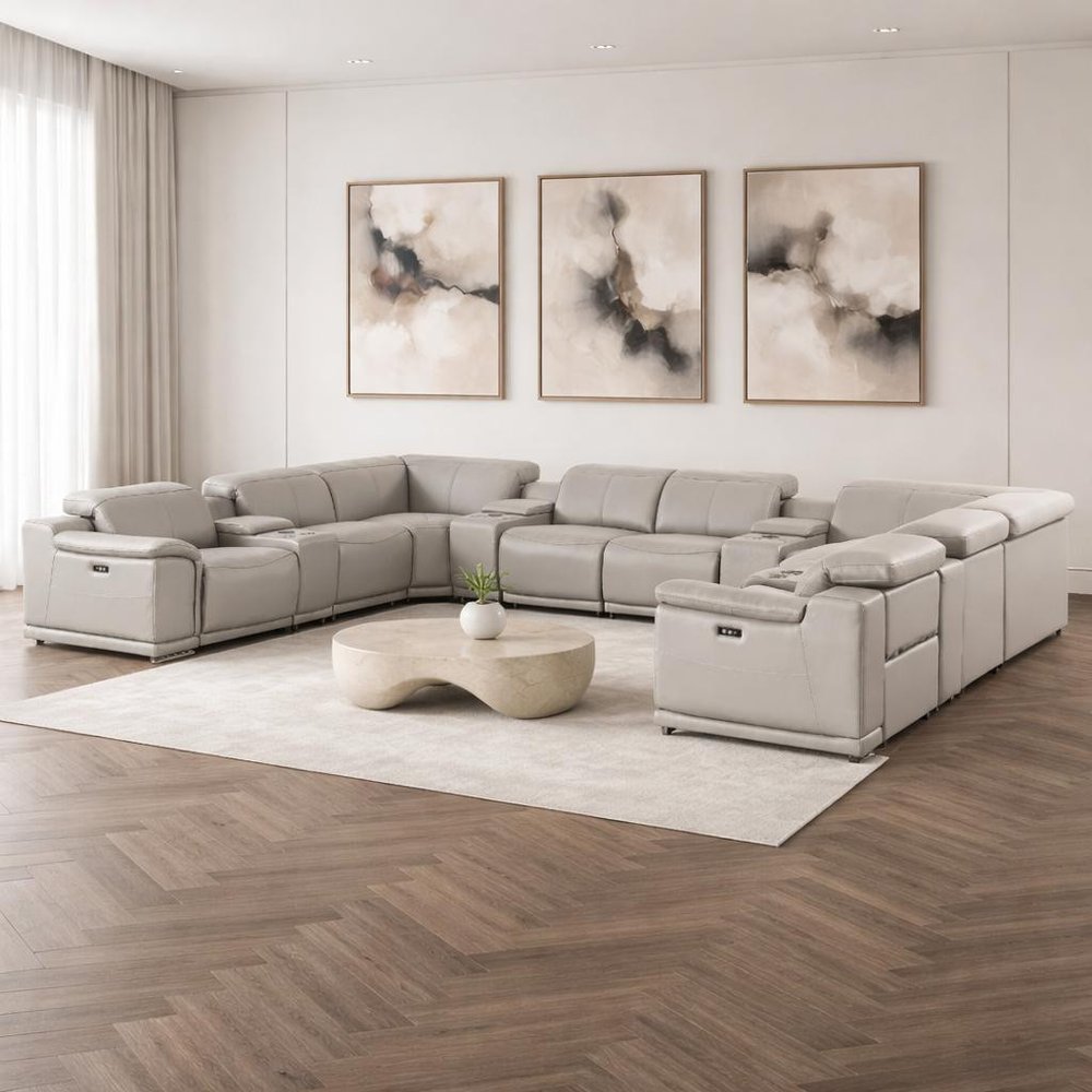 Ash Gray Leather Power Reclining U Shaped Twelve Piece Corner Sectional With Console