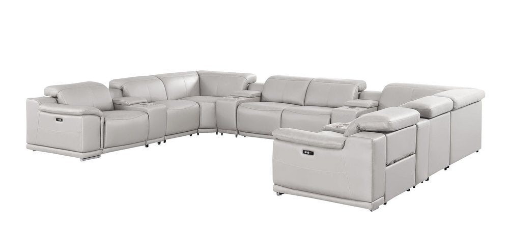 Ash Gray Leather Power Reclining U Shaped Twelve Piece Corner Sectional With Console