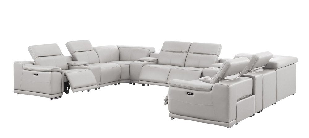 Ash Gray Leather Power Reclining U Shaped Twelve Piece Corner Sectional With Console