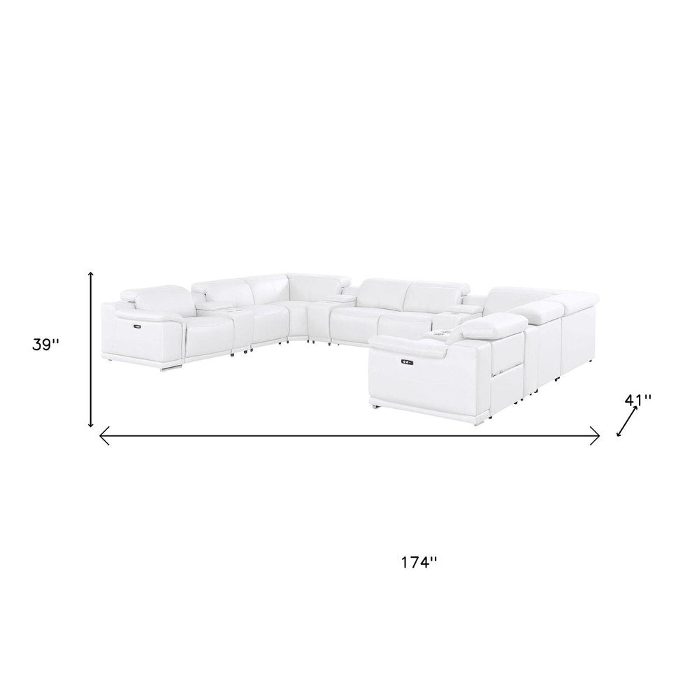 White Leather Power Reclining U Shaped Twelve Piece Corner Sectional With Console on a white background