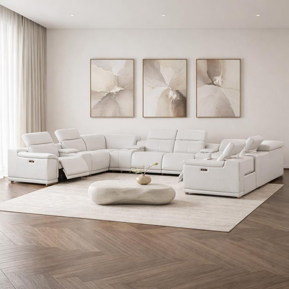 White Leather Power Reclining U Shaped Twelve Piece Corner Sectional With Console close-up detail