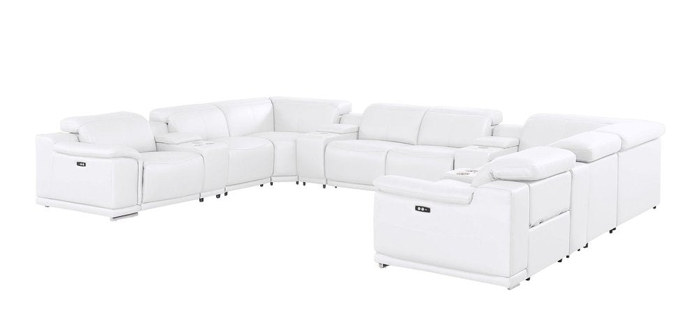 White Leather Power Reclining U Shaped Twelve Piece Corner Sectional With Console on a white background