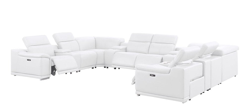 White Leather Power Reclining U Shaped Twelve Piece Corner Sectional With Console on a white background
