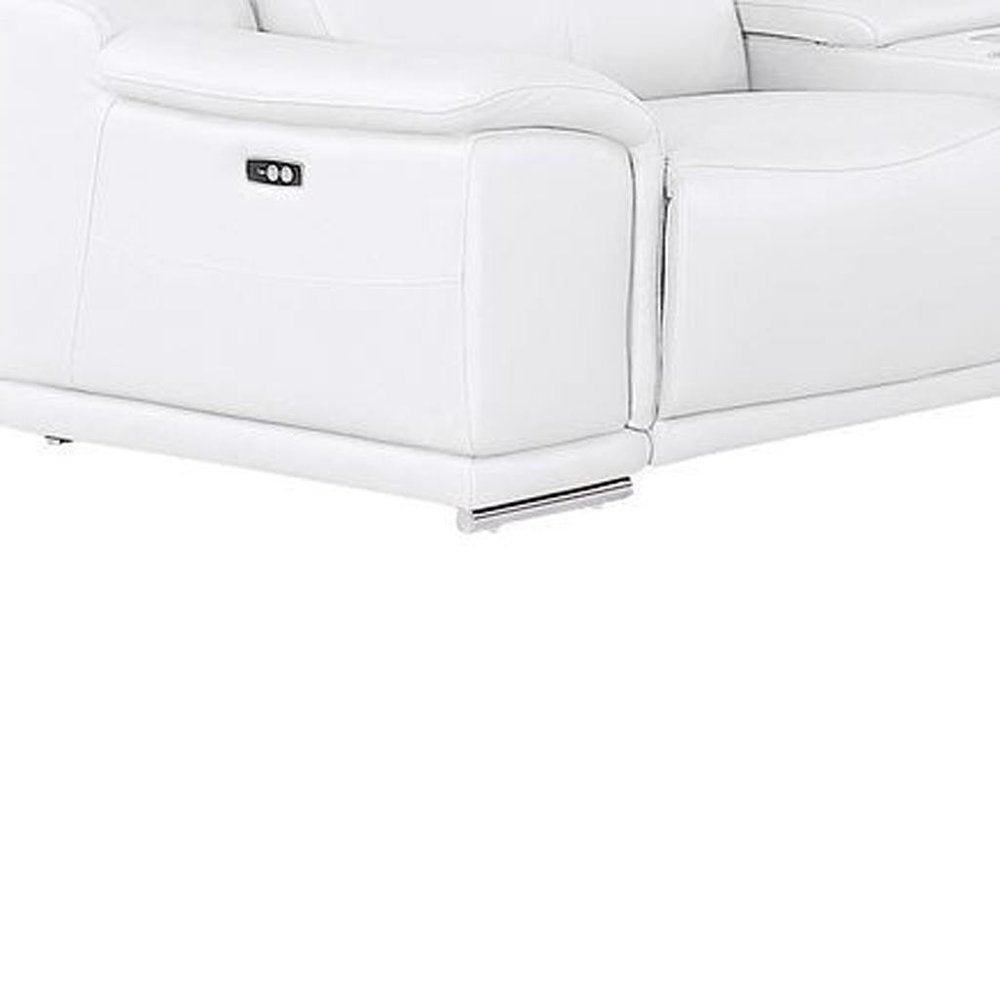 White Leather Power Reclining U Shaped Twelve Piece Corner Sectional With Console on a white background
