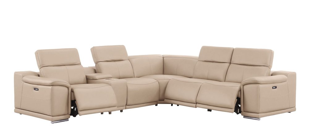 Beige Leather Power Reclining L Shaped Six Piece Corner Sectional With Console