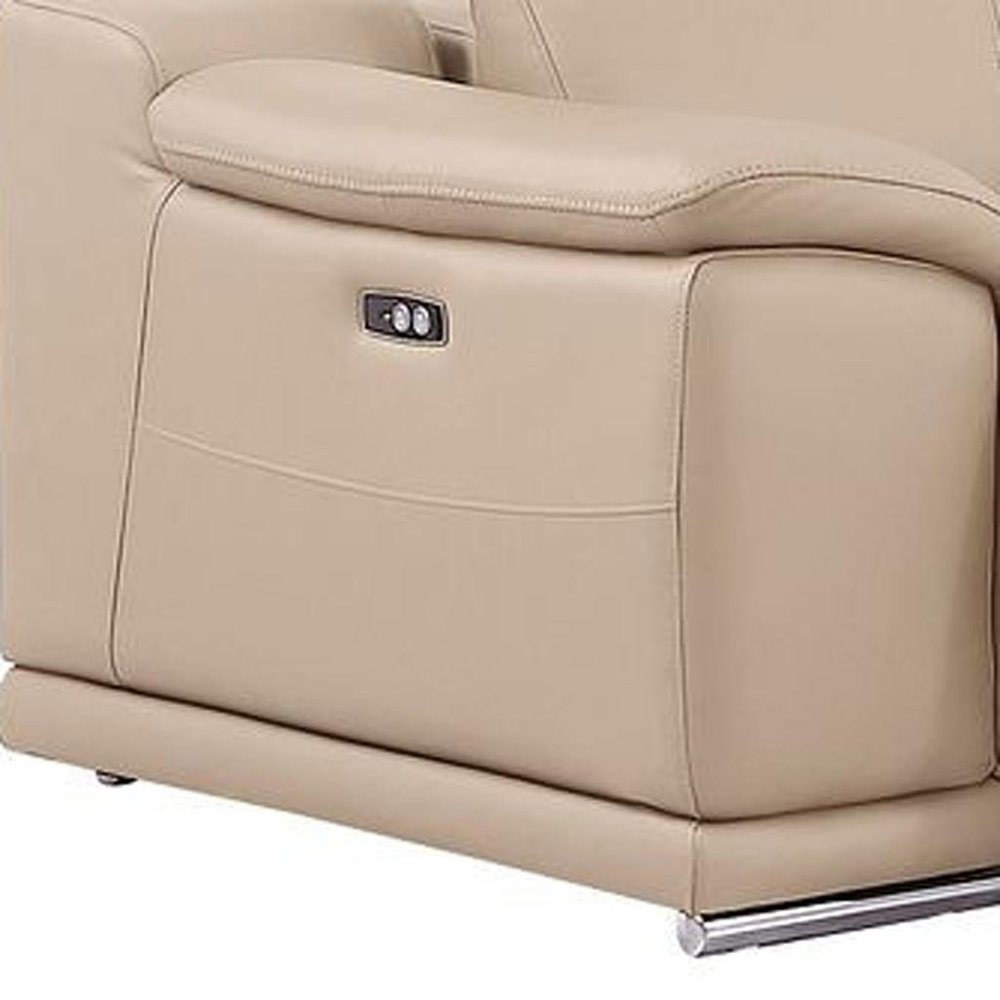 Beige Leather Power Reclining L Shaped Six Piece Corner Sectional With Console