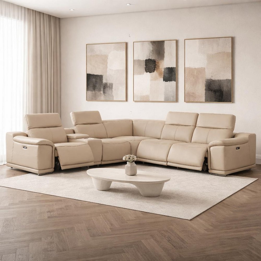 Beige Leather Power Reclining L Shaped Six Piece Corner Sectional With Console