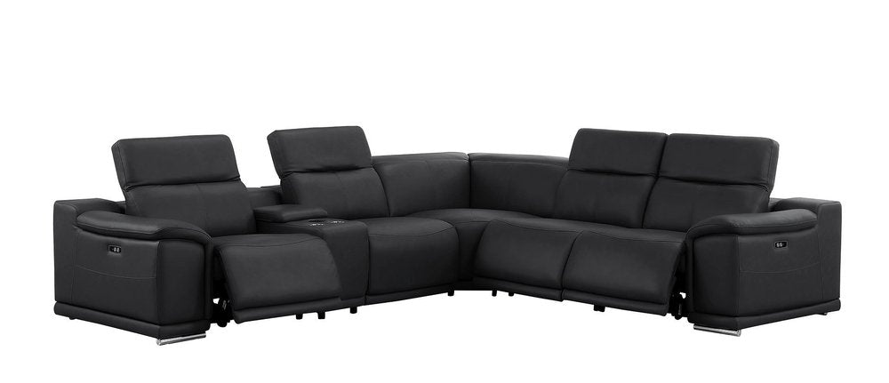 Black Leather Power Reclining L Shaped Six Piece Corner Sectional With Console