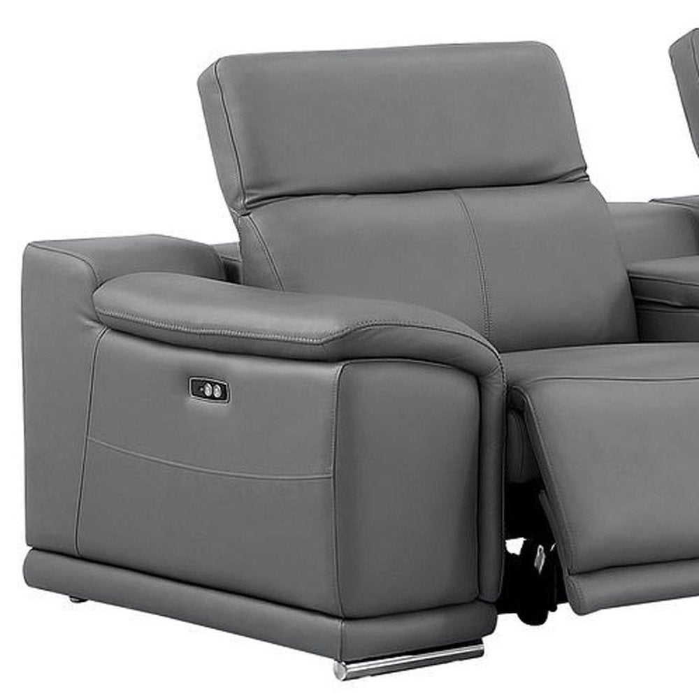Battleship Gray Leather Power Reclining L Shaped Six Piece Corner Sectional With Console on a white background